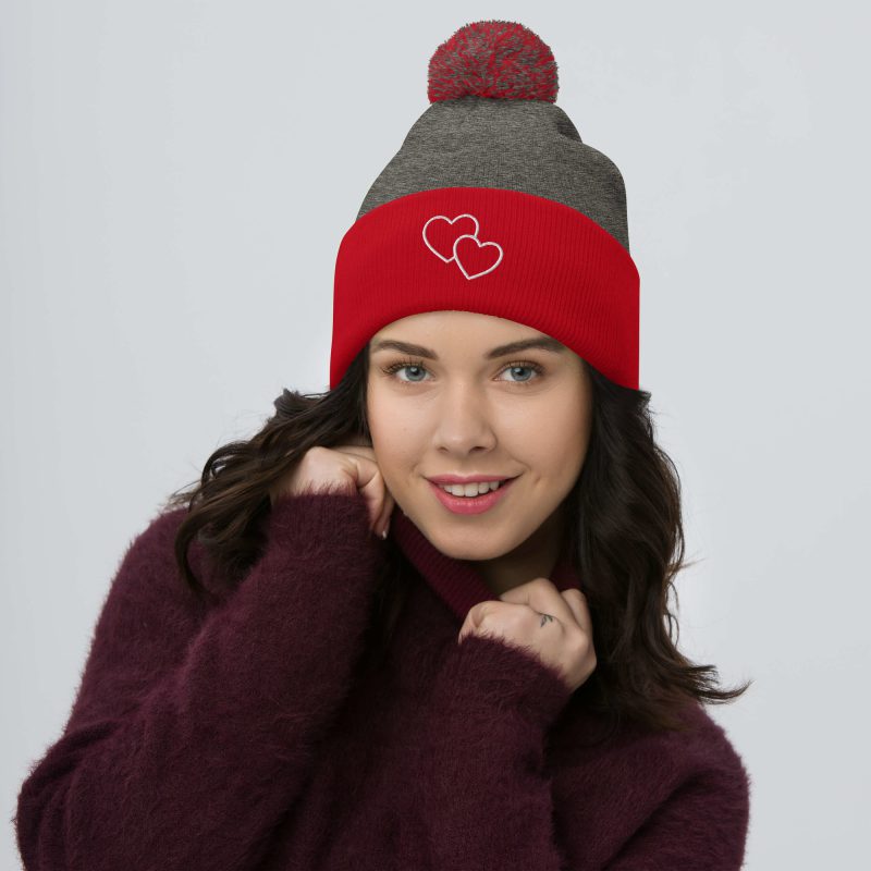 Two Hearts Design Pom-Pom Beanie